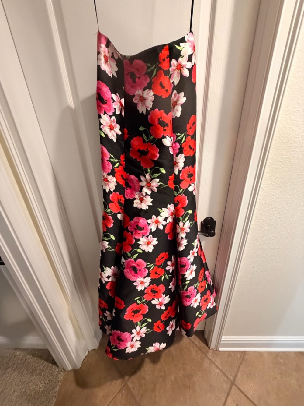 Floral Maxi Skirt in Black with Red & Pink Blooms - Picture 4 of 6